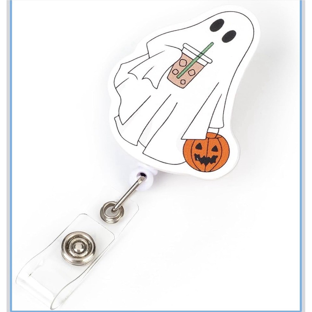 Halloween Ghost Retractable ID Badge Reel Alligator Clip Pumpkin Coffee Nurse
